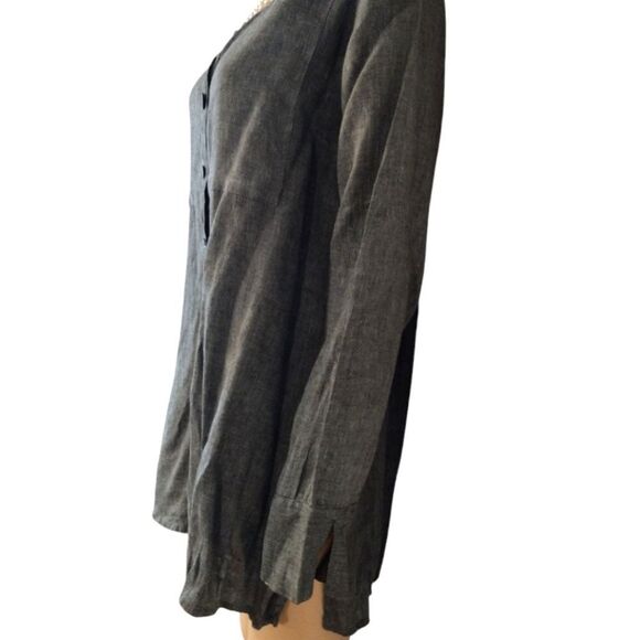 Flax Women's Size Medium 100% Linen Button Down Long Sleeve Oversized Green Top - Picture 2 of 11